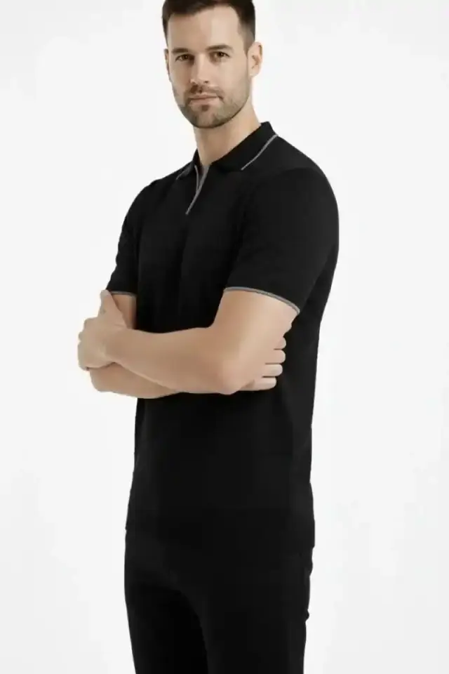 Erkek Yazlık Dokuma Triko Tişört Düğmesiz Polo Yaka Kısa Kol T-Shirt - Siyah