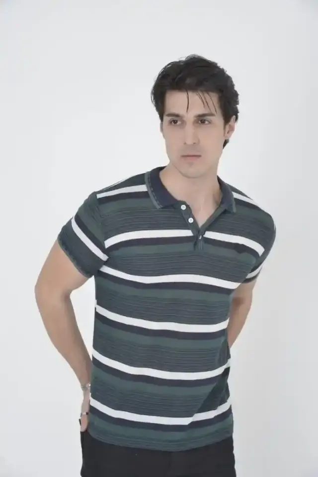 Erkek Polo Yaka tişört Slim Fit Dokuma Çizgili  Kısa kol T-Shirt - Haki