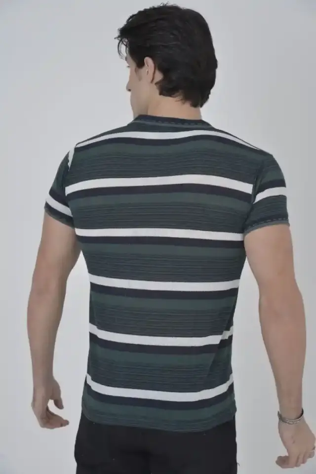 Erkek Polo Yaka tişört Slim Fit Dokuma Çizgili  Kısa kol T-Shirt - Haki