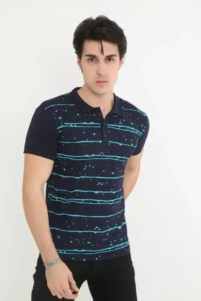 Erkek polo Yaka tişört Slim Fit Pike Çizgili  Kısa kol T-Shirt - Lacivert