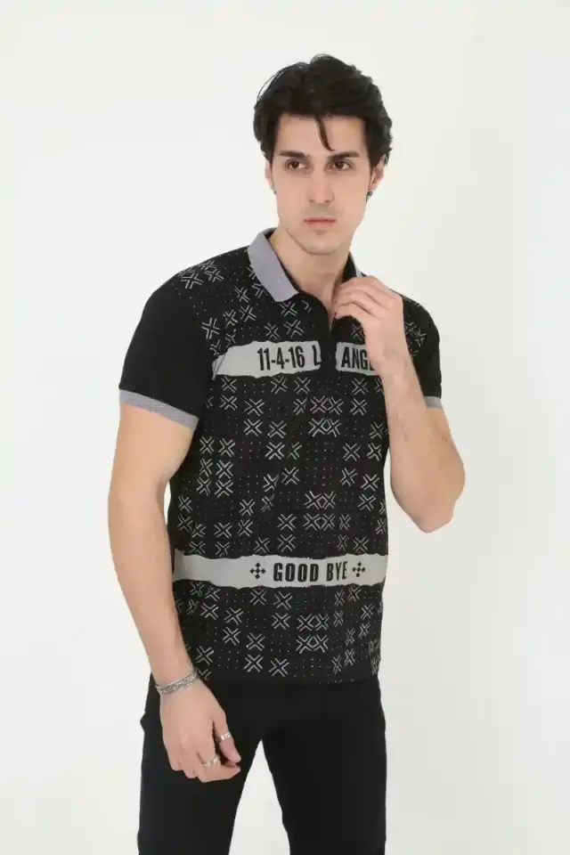 Erkek Polo Yaka tişört Slim Fit Baskılı Kısa kol T-Shirt - Siyah