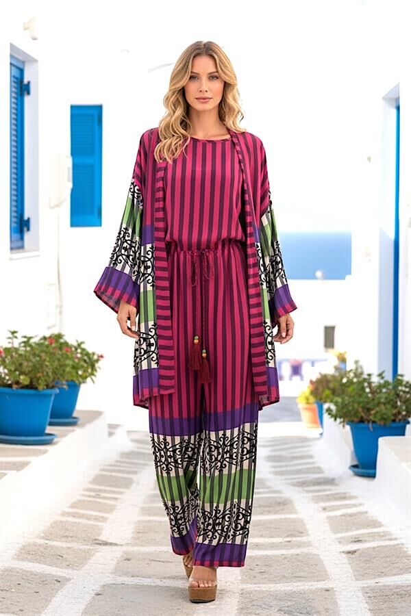 Fuşya Çizgili Tunik Bluz Pantolon Üçlü Takım