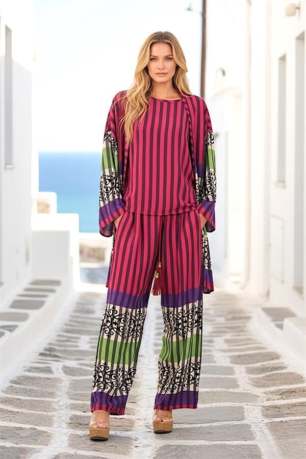 Fuşya Çizgili Tunik Bluz Pantolon Üçlü Takım