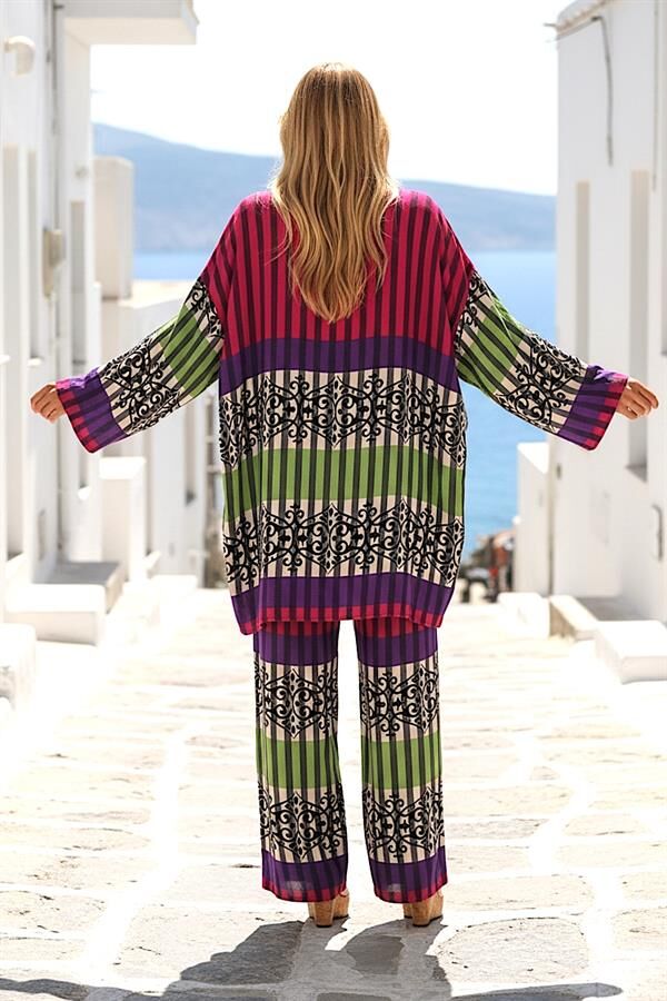 Fuşya Çizgili Tunik Bluz Pantolon Üçlü Takım