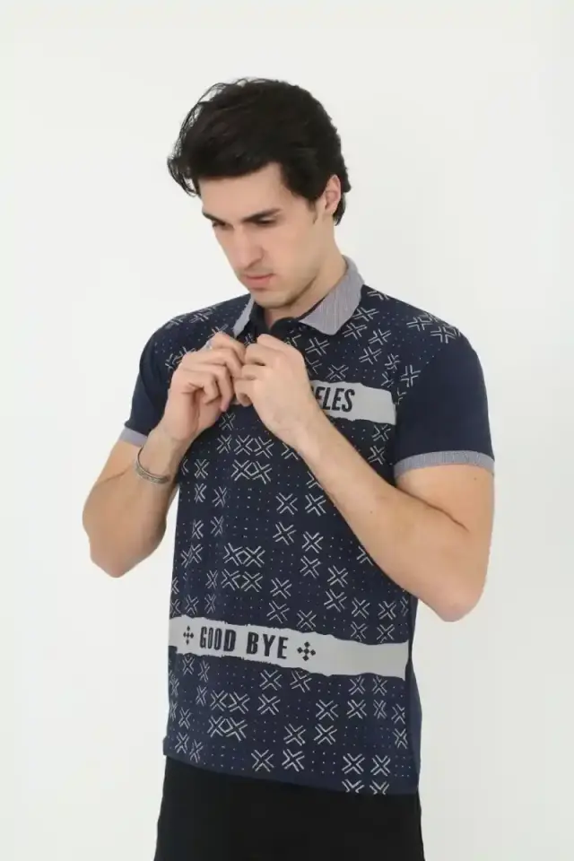 Erkek Polo Yaka  tişört Slim Fit Baskılı Kısa kol T-Shirt - Lacivert