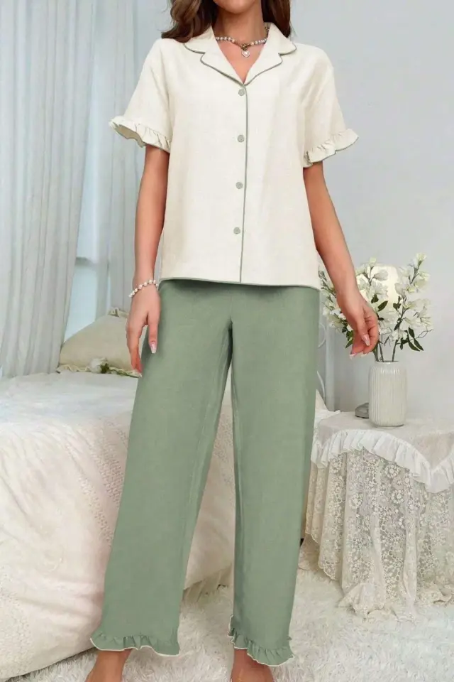Secret Dream Yeşil Kruvaze Yaka Fırfır Detaylı Pijama Takımı 7023