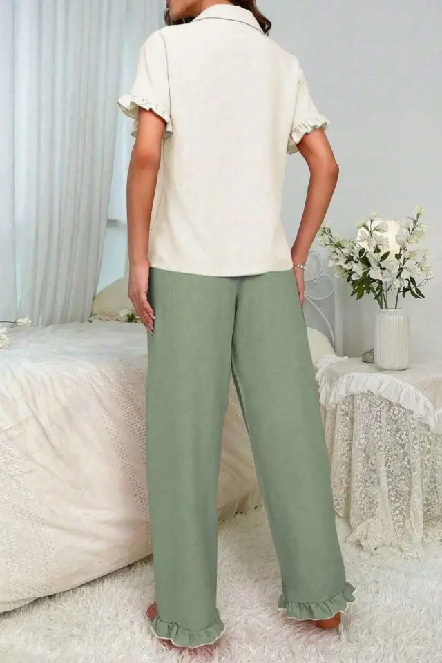 Secret Dream Yeşil Kruvaze Yaka Fırfır Detaylı Pijama Takımı 7023