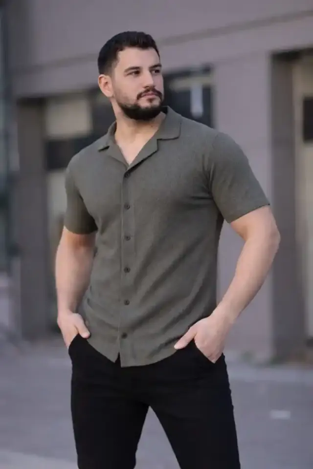 Erkek Waffle Kumaş Kısa Kollu Düğmeli Açık Yaka Regular Fit Gömlek - Haki