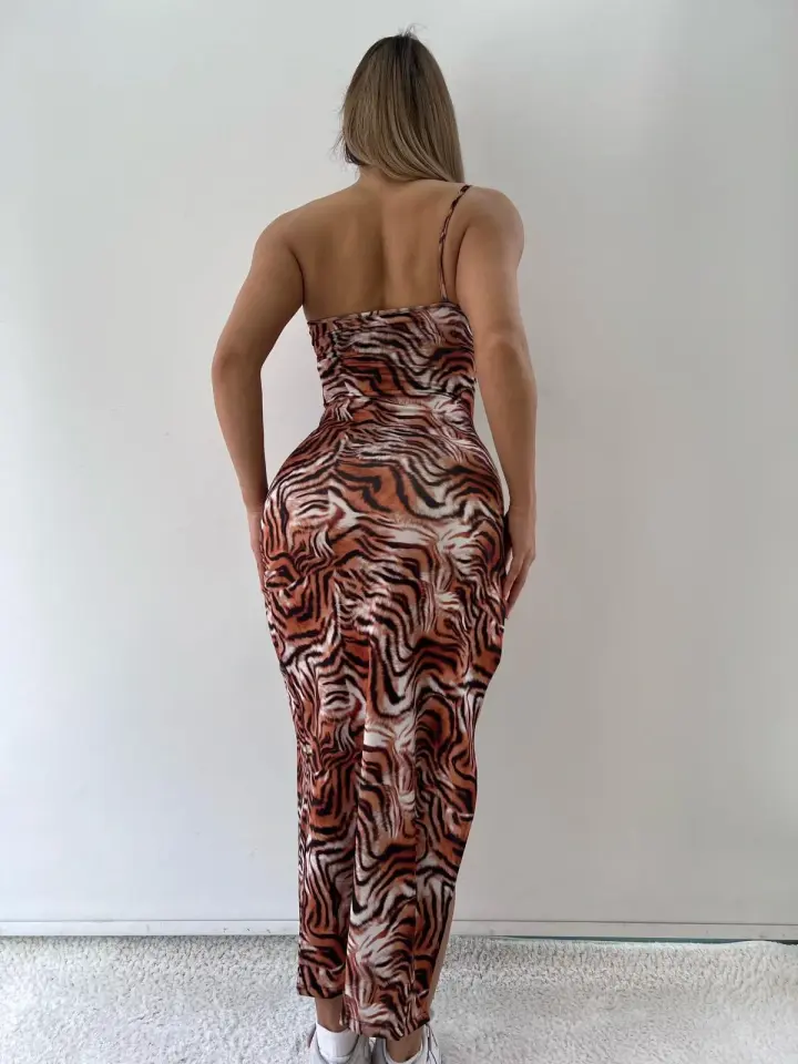 Morliva Leopar Desenli Ince Askılı Midi Elbise