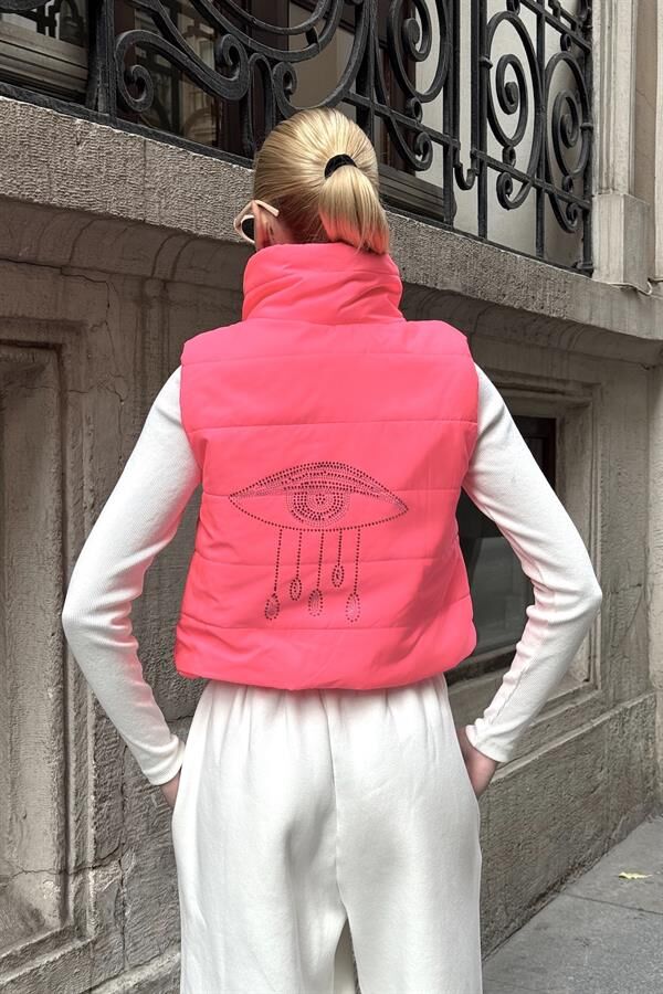 Pembe Sırtı Taş İşlemeli Dik Yaka Kısa Şişme Yelek