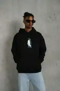 Erkek Survivor Penguin Baskılı 3 İplik Pamuklu Kapüşonlu Sweatshirt Hoodie Siyah