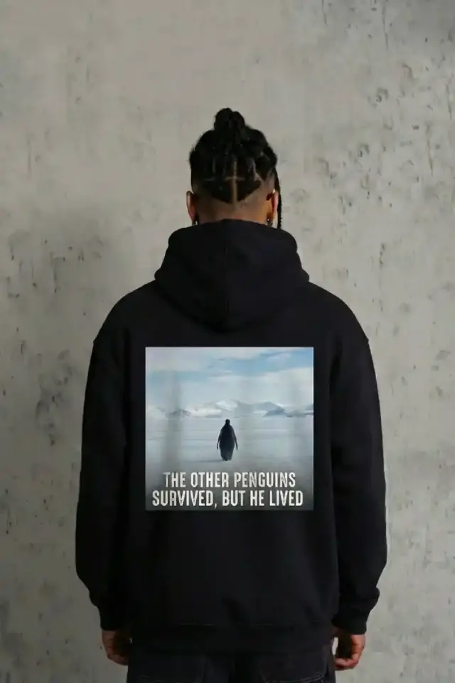 Erkek Survivor Penguin Baskılı 3 İplik Pamuklu Kapüşonlu Sweatshirt Hoodie Siyah