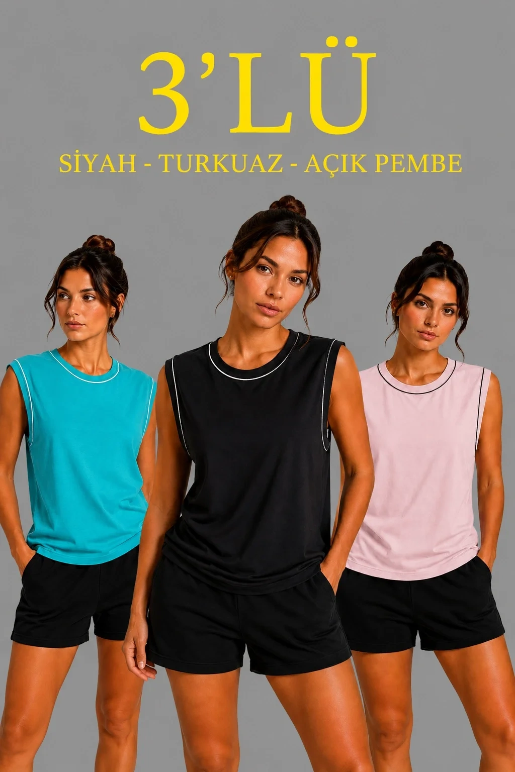Kadın 3’lü Kolsuz Sporcu Atlet Seti Yazlık Bisiklet Yaka - Siyah, Turkuaz, Pembe
