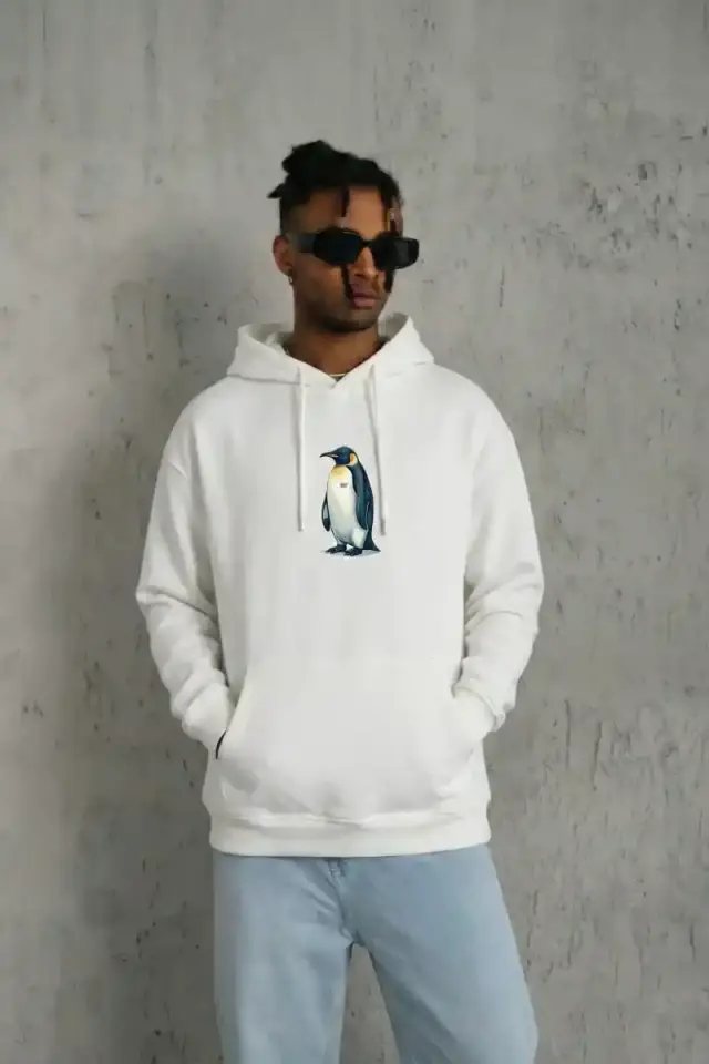 Erkek Survivor Penguin Baskılı 3 İplik Pamuklu Kapüşonlu Sweatshirt Hoodie Beyaz
