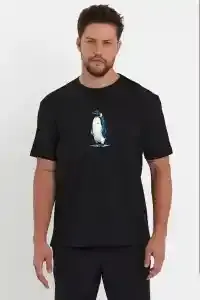 Erkek T-Shirt Penguen Baskılı Bisiklet Yaka Kısa kol yazlık Tişört - Siyah
