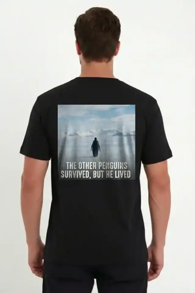 Erkek T-Shirt Penguen Baskılı Bisiklet Yaka Kısa kol yazlık Tişört - Siyah