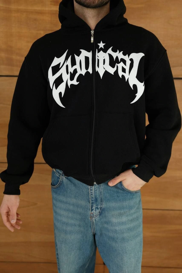 Erkek Kapüşonlu Sweatshirt  Hoodie 3 İplik Şardonlu Pamuklu Kumaş, Önü Baskılı, Fermuarlı Rahat Kalıp, Kışlık Ve Sokak Stili Sweat - Siyah