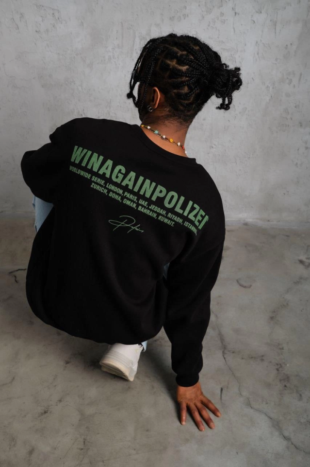 Erkek Oversize Sweatshirt – Siyah Renk  Ön Ve Sırt Baskılı, Üç İplik İçi Pamuklu Kumaş, Rahat Kalıp, Ribanalı Kışlık Sweat  Winagain Polizei Serisi - Siyah