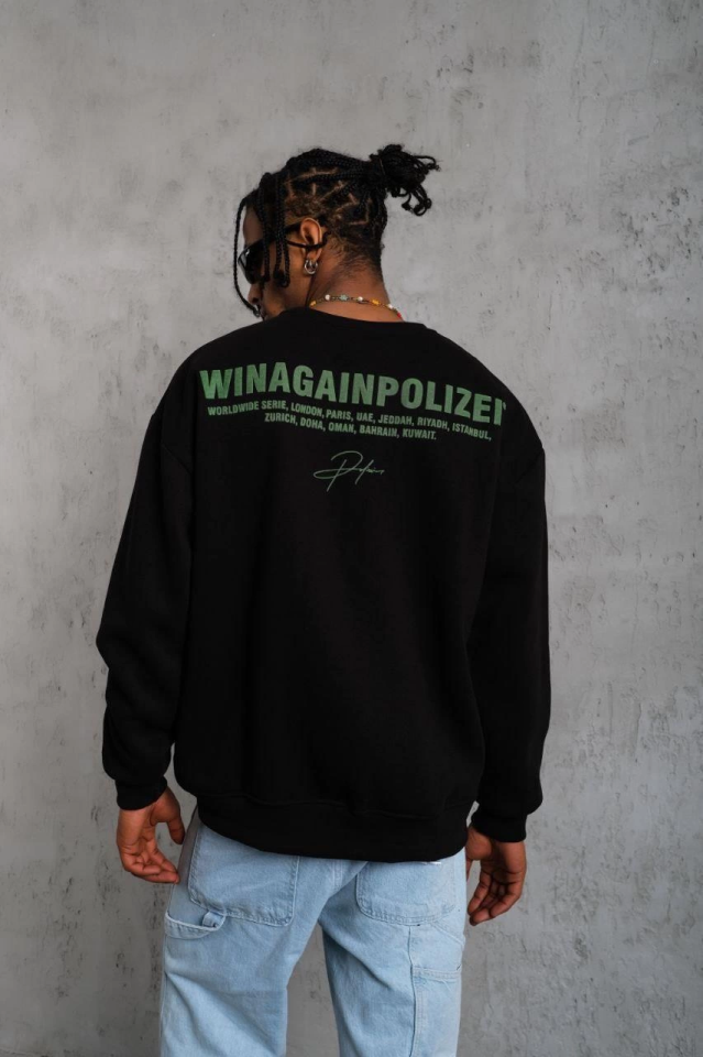 Erkek Oversize Sweatshirt – Siyah Renk  Ön Ve Sırt Baskılı, Üç İplik İçi Pamuklu Kumaş, Rahat Kalıp, Ribanalı Kışlık Sweat  Winagain Polizei Serisi - Siyah