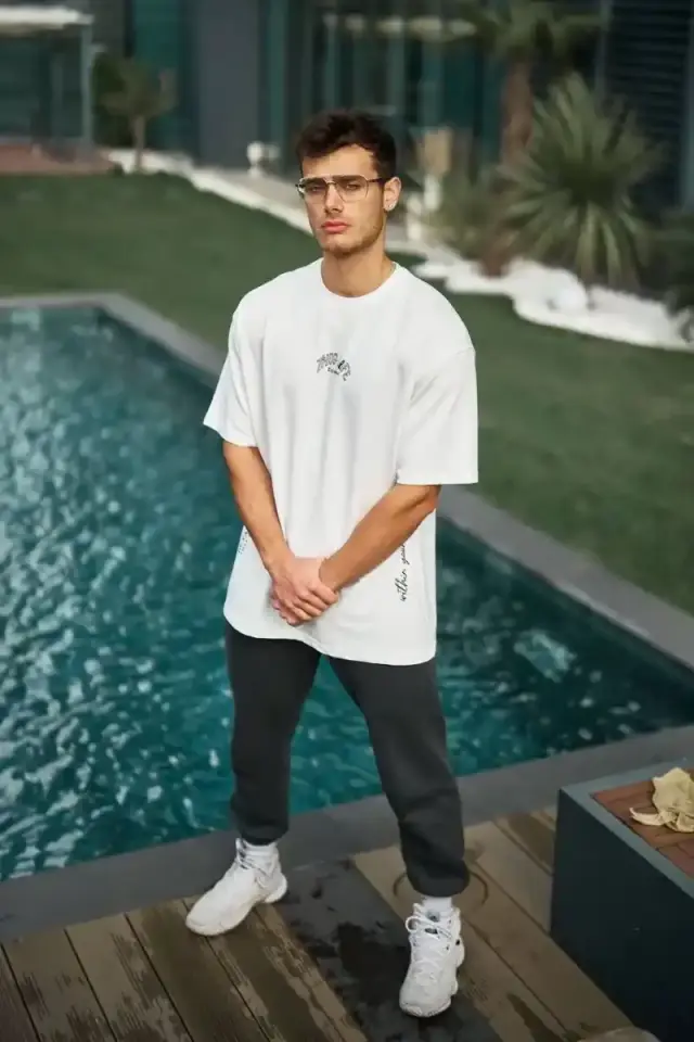 Erkek Kısa Kol Tişört Bisiklet Yaka Filistin Poşulu Baskılı T-Shirt - Beyaz
