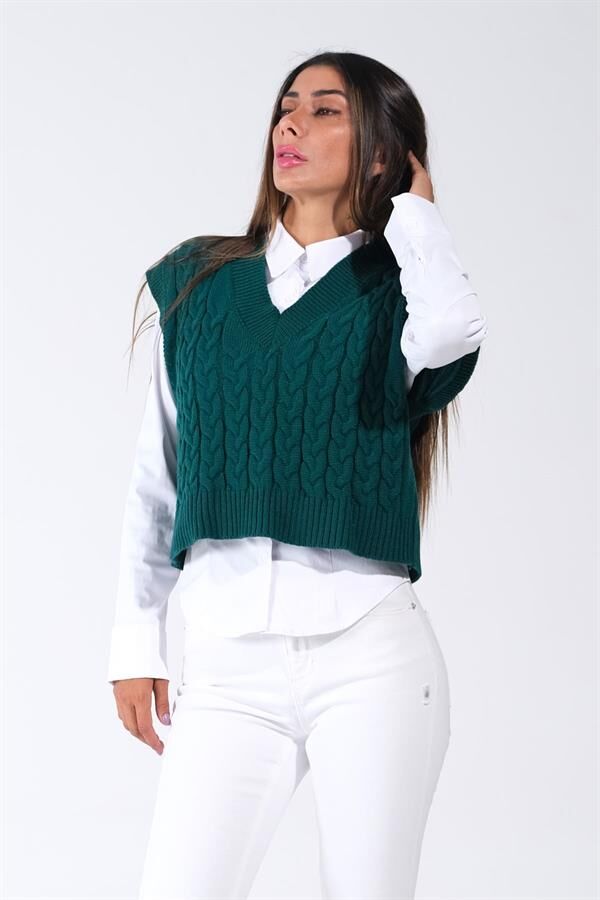 Haki V Yaka Crop Saç Örgü Triko Süveter