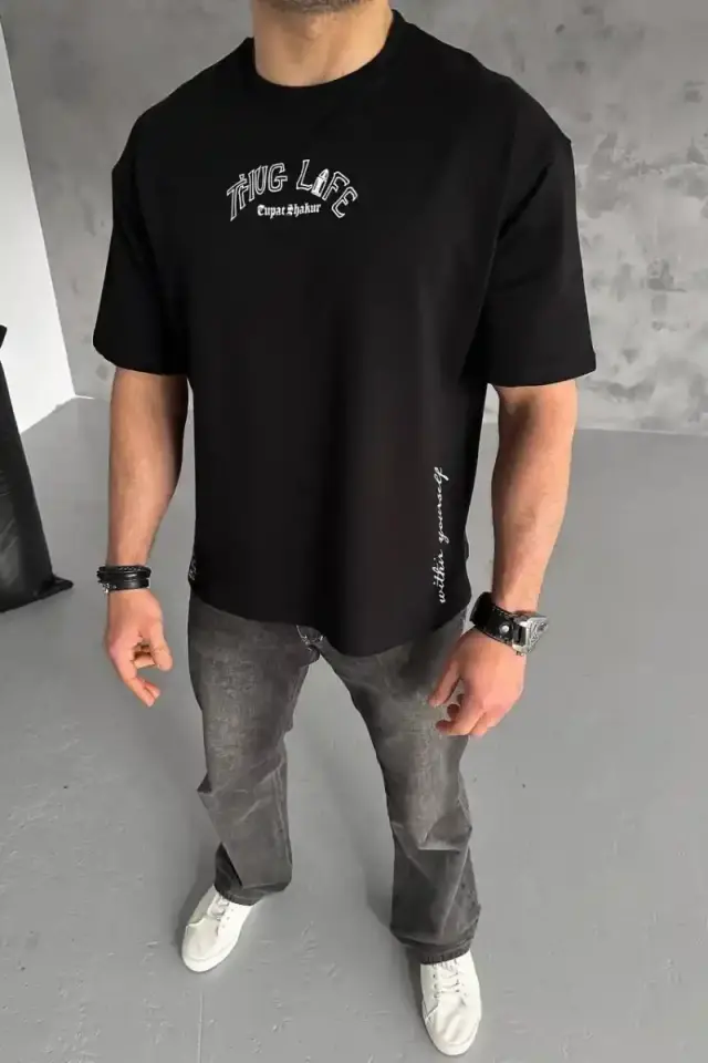 Erkek Kısa Kol Tişört Bisiklet Yaka Filistin Poşulu Baskılı T-Shirt - Siyah