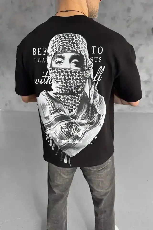 Erkek Kısa Kol Tişört Bisiklet Yaka Filistin Poşulu Baskılı T-Shirt - Siyah