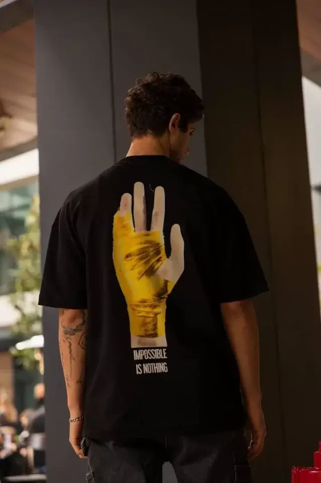 Unisex Bisiklet Yaka Baskılı Oversize T-Shirt - Siyah