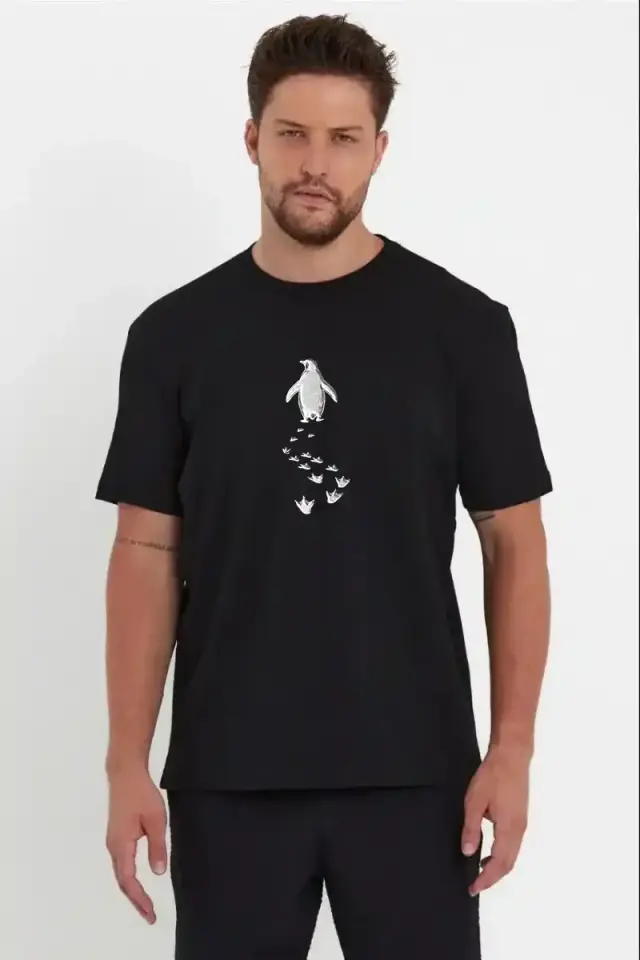 Erkek T-Shirt Nihilist Penguen Baskılı Bisiklet Yaka Kısa kol yazlık Tişört - Siyah