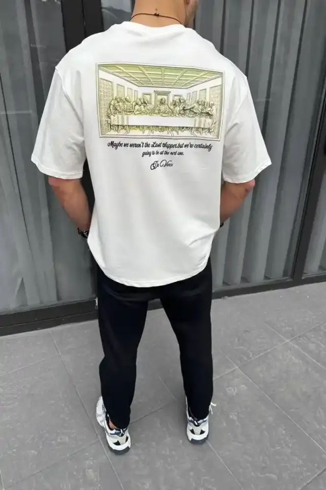 Erkek Baskılı T-Shirt Kısa Kol Bisiklet Yaka Regular Fit Rahat Kalıp Günlük Tişört - Beyaz