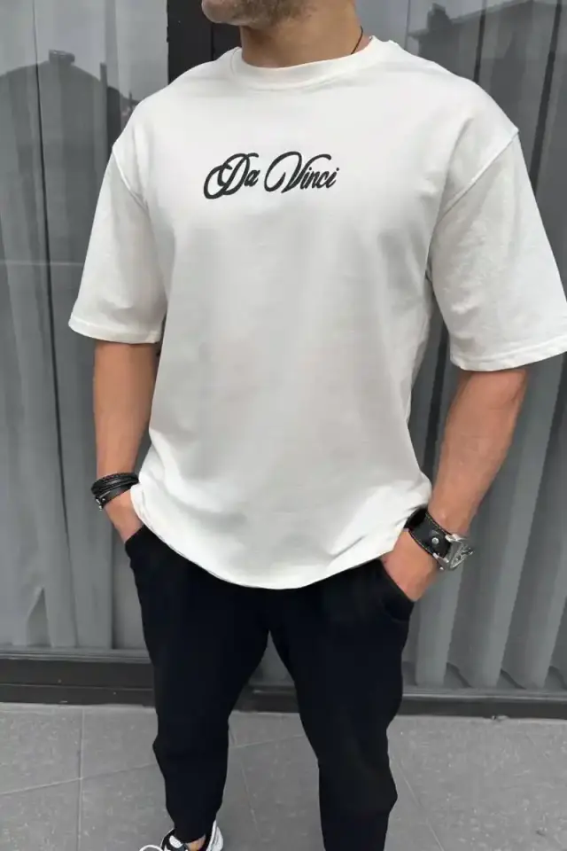 Erkek Baskılı T-Shirt Kısa Kol Bisiklet Yaka Regular Fit Rahat Kalıp Günlük Tişört - Beyaz