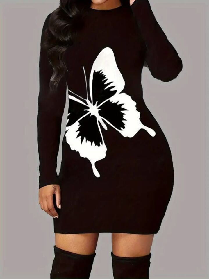 Kadın Uzun Kollu Bisiklet Yaka Kelebek Desenli Kısa Viskon Iki Iplik Elbise