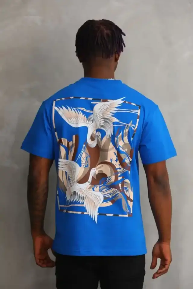 Erkek Baskılı T-Shirt Kısa Kol Bisiklet Yaka Rahat Kalıp Tişört - Mavi