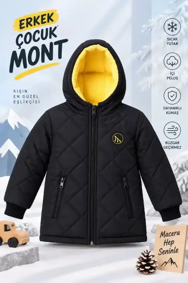 Erkek Çocuk İçi Pelüş Astarlı Kapüşonlu Kapitone Fermuarlı Kışlık Şişme Mont