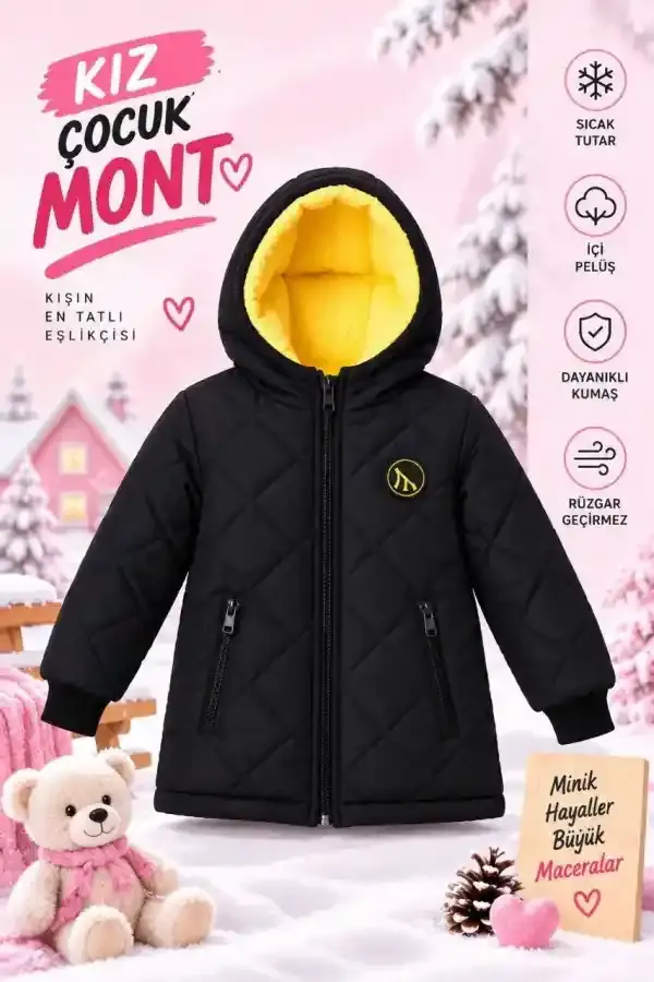 Kız Çocuk İçi Pelüş Astarlı Kapüşonlu Kapitone Fermuarlı Kışlık Şişme Mont