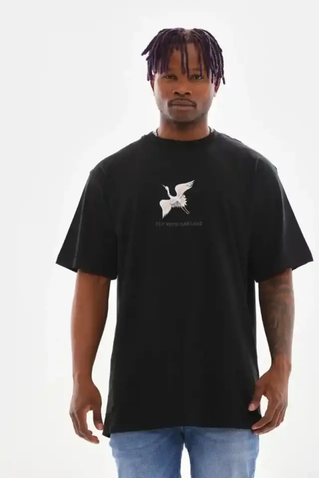 Erkek Baskılı T-Shirt Yazlık Kısa Kol Bisiklet Yaka Tişört - Siyah