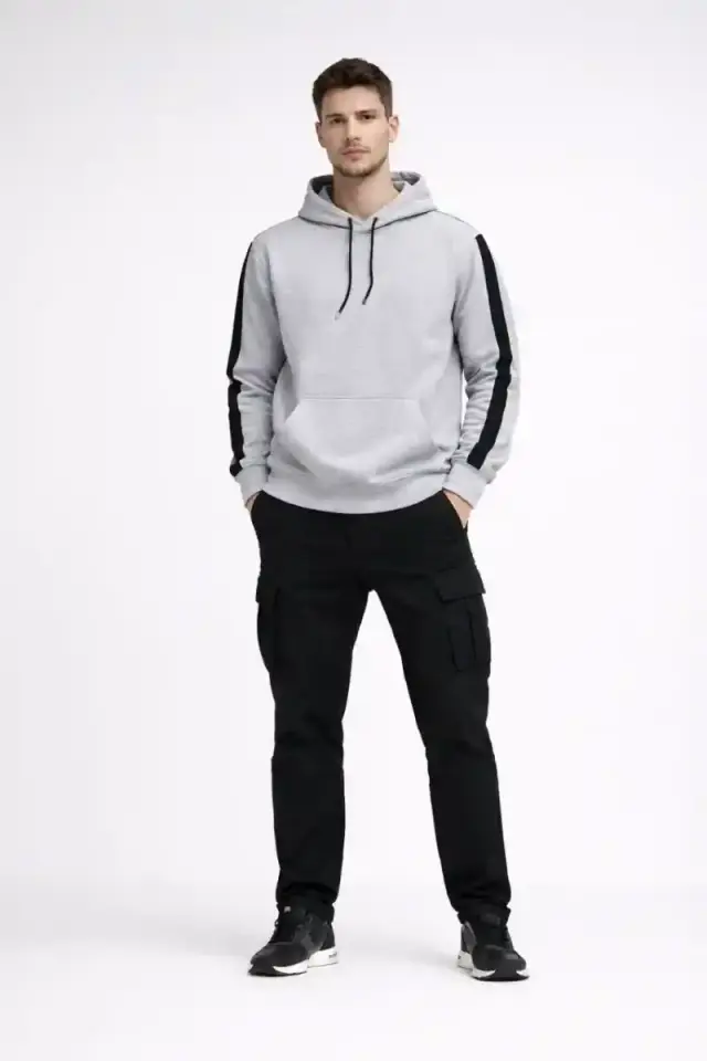 Erkek Şeritli Kapüşonlu Oversize Sweatshirt 3 iplik Pamuklu hoodie - Beyaz