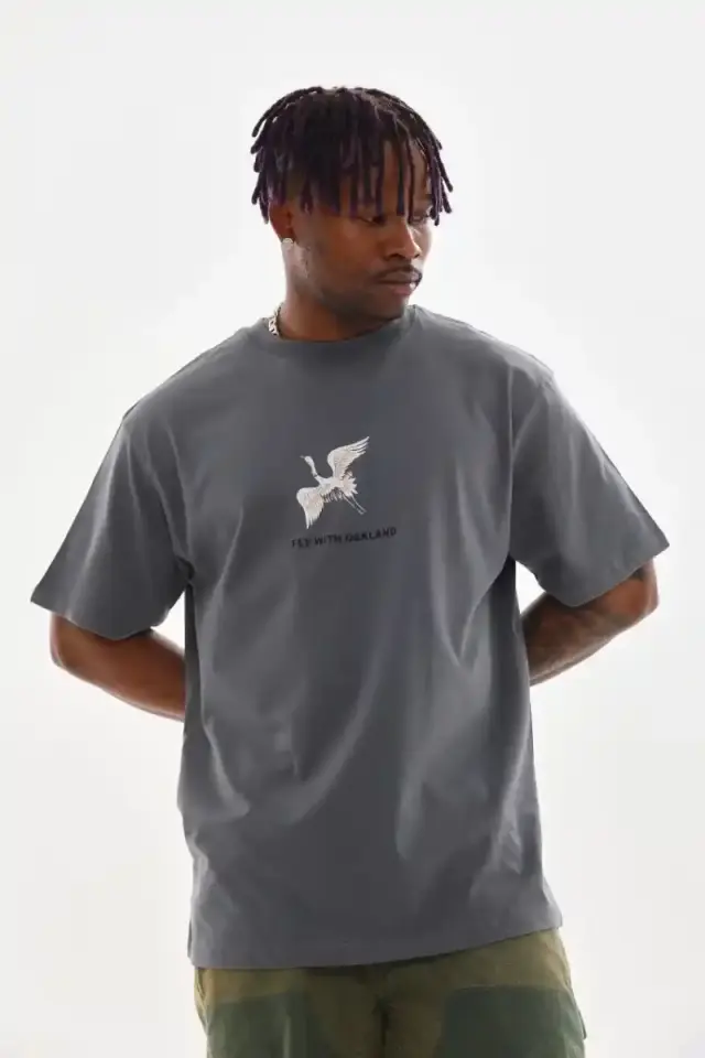 Erkek Baskılı T-Shirt Kısa Kol Bisiklet Yaka Rahat Kalıp Tişört  - Füme