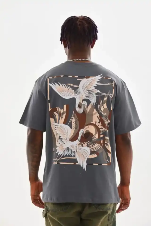 Erkek Baskılı T-Shirt Kısa Kol Bisiklet Yaka Rahat Kalıp Tişört  - Füme