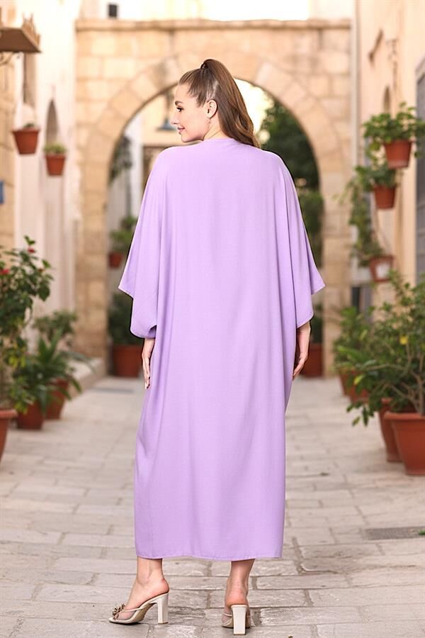 Lila V Yaka Önü Nota Nakışlı Cepli Oversize Uzun Gömlek Elbise