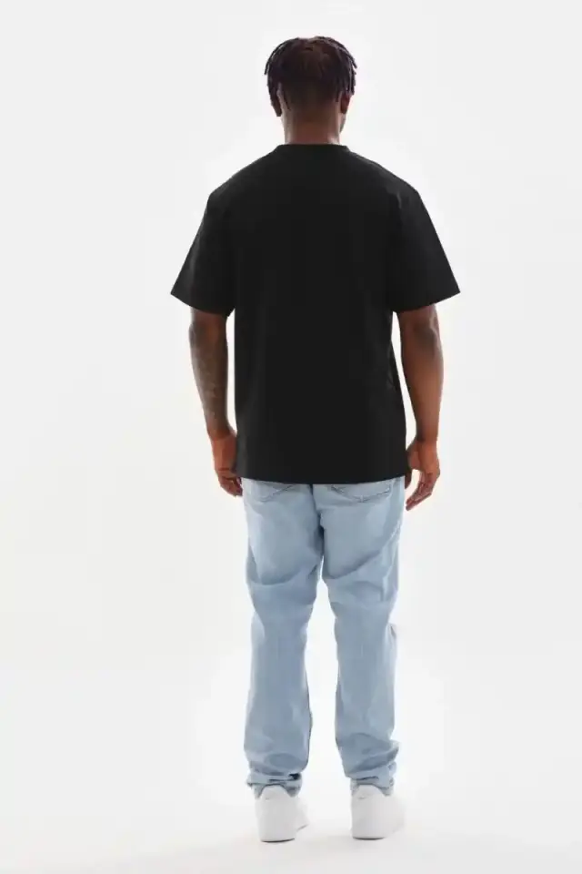 Erkek Baskılı T-Shirt Kısa Kol Bisiklet Yaka Rahat Kalıp Tişört - Siyah