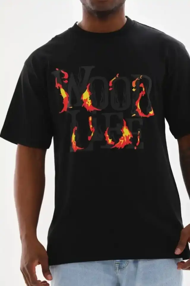 Erkek Baskılı T-Shirt Kısa Kol Bisiklet Yaka Rahat Kalıp Tişört - Siyah