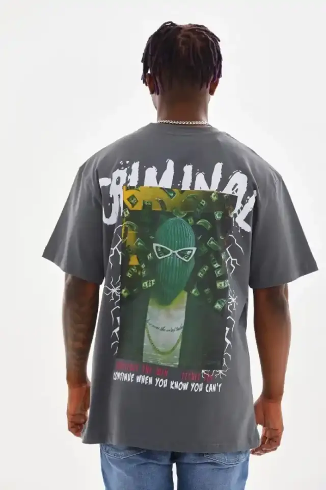 Erkek Baskılı T-Shirt Kısa Kol Bisiklet Yaka Rahat Kalıp Tişört - Füme