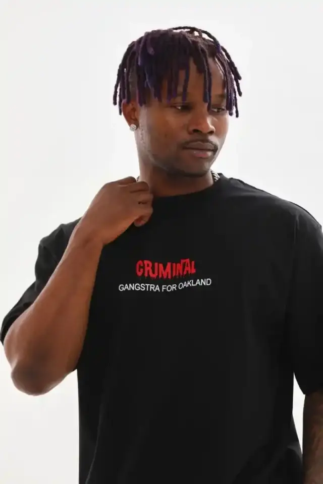 Erkek Baskılı T-Shirt Kısa Kol Bisiklet Yaka Rahat Kalıp Tişört - Siyah