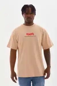 Erkek Baskılı T-Shirt Kısa Kol Bisiklet Yaka Rahat Kalıp Tişört  - Bej