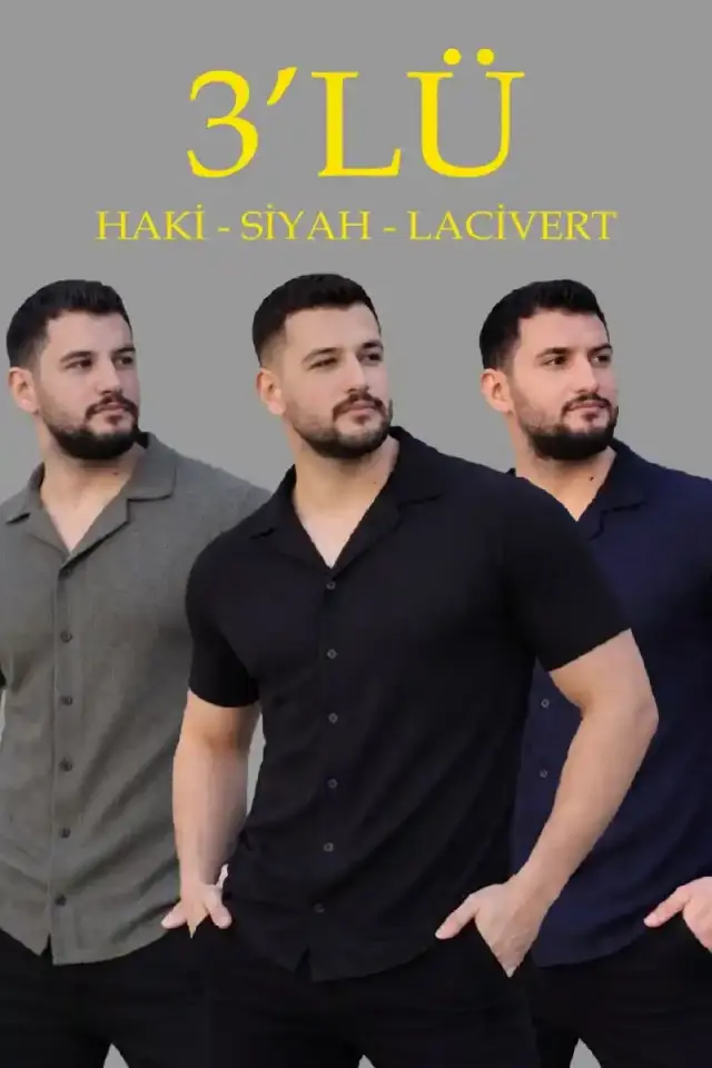 Erkek Waffle Kumaş Yakalı Kısa Kol Düğmeli Gömlek 3’lü Set Siyah-Haki-Lacivert