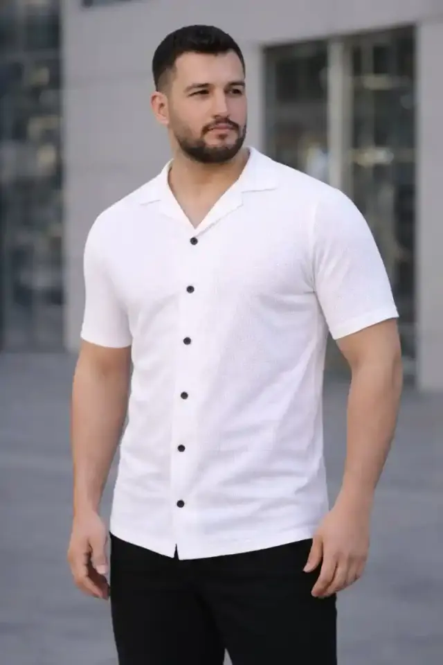 Erkek Waffle Kumaş Yakalı Kısa Kol Düğmeli Gömlek 3’lü Set Bej-Beyaz-Lacivert