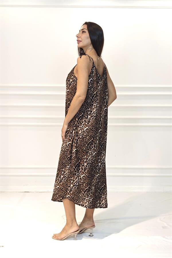 Leopar Desenli Askılı Uzun Elbise
