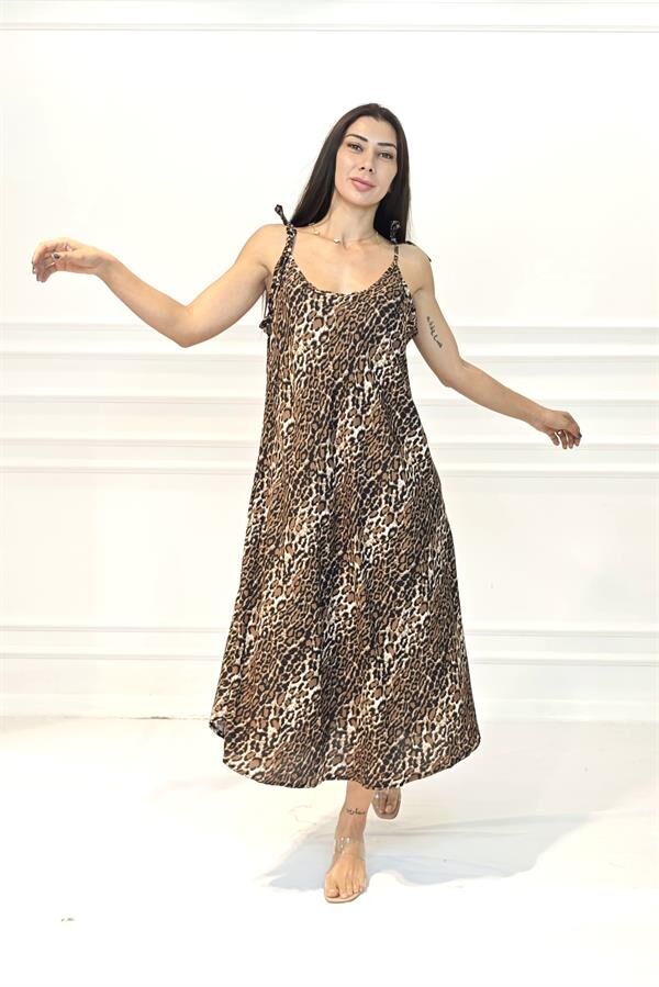 Leopar Desenli Askılı Uzun Elbise