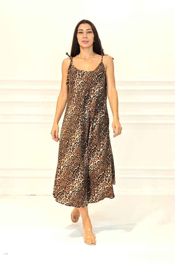 Leopar Desenli Askılı Uzun Elbise